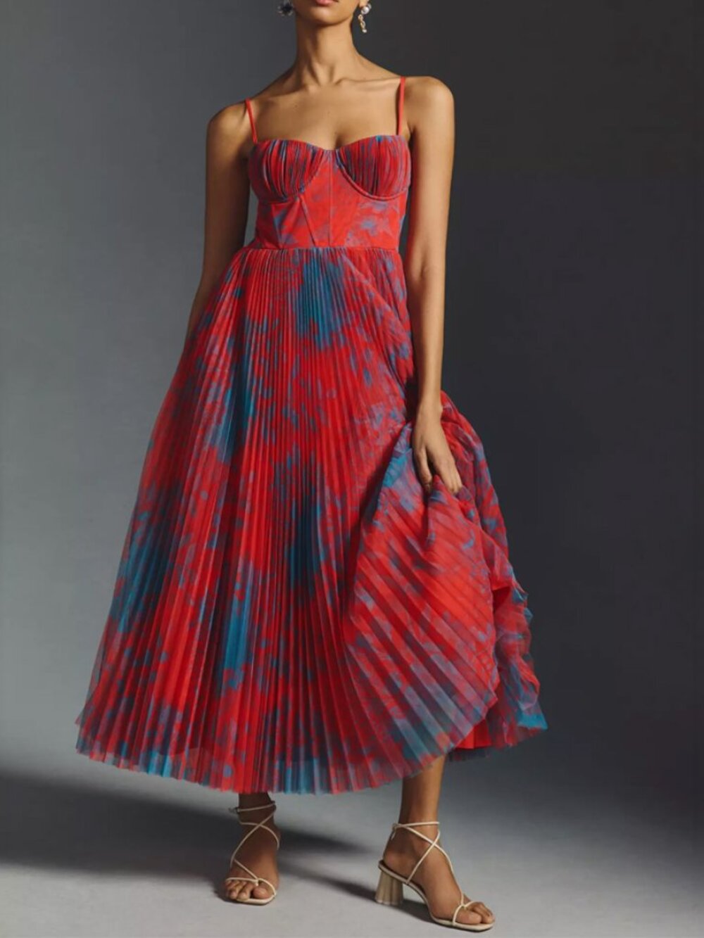 Hutch Red Blue Pleated Sweetheart Midi Gown Size 12